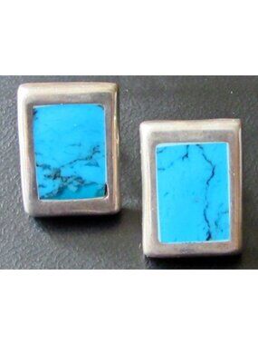 Sterling Silver Turquoise Inlay Earrings Mexico Rectangle Classic